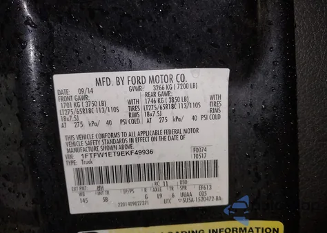 2014 Ford F-150 Fx4 from USA, damaged, VIN 1FTFW1ET9EKF49936